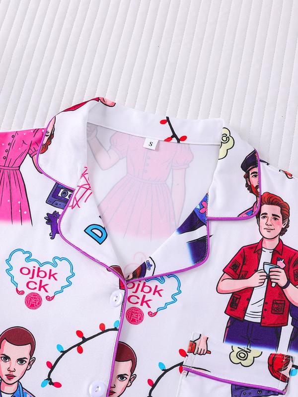 2-Piece 80s Retro Character Print Pajama Set Loungewear - Retro TV Series Themed Short-Sleeve Pants (Button-Up Collar + Elastic Waist) - Suitable for Adults at Home / TV Binge-Watching