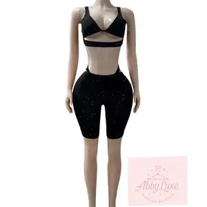Abby Luxe "Abby" Sparkly Two Piece Set - Black Sequin Crop Top & High-Waisted Shorts for Women
