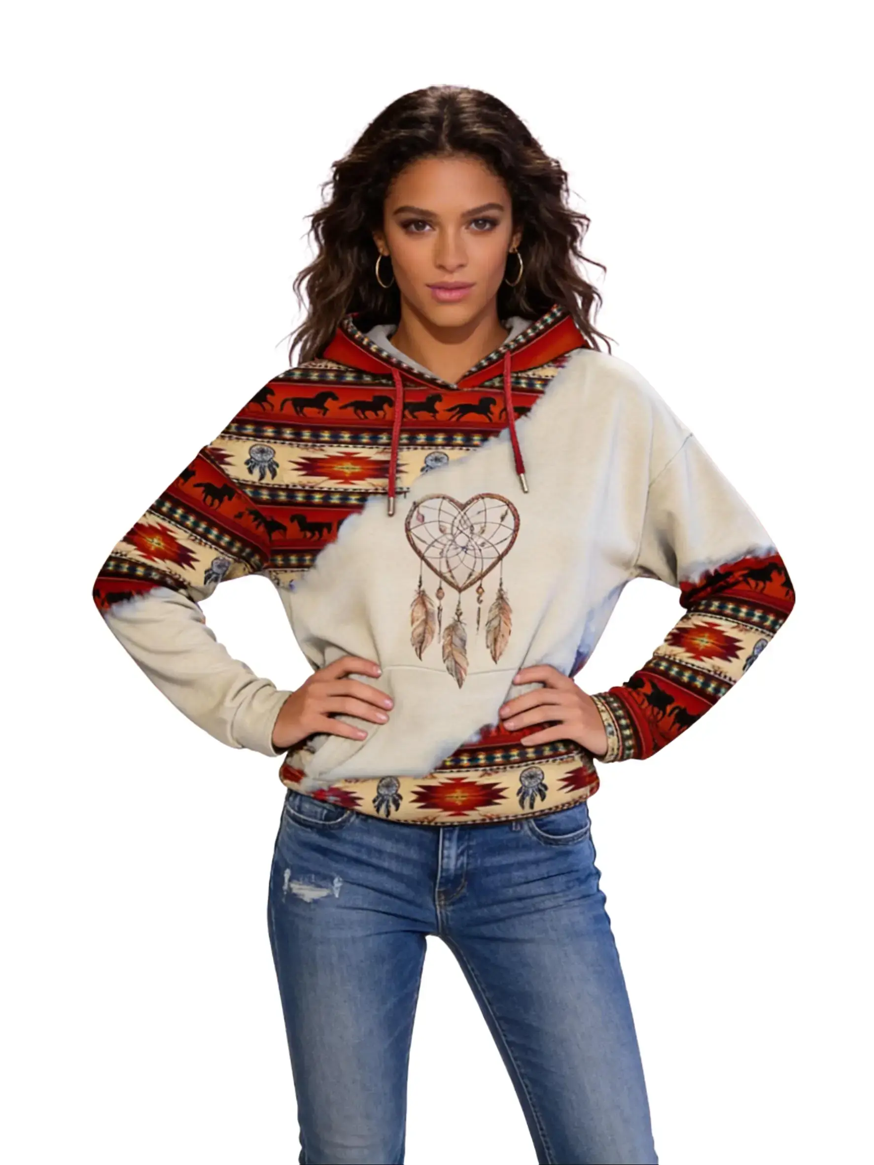 Women's Western Aztec Horse & Dreamcatcher Heart Print Hoodie – Boho Tribal Geometric Pattern Long Sleeve Hooded Sweatshirt with Drawstring & Pocket for Women, Vintage Ethnic Navajo Inspired Casual Pullover Top