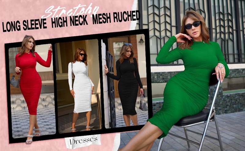 OYS Women's Cocktail Bodycon Long Sleeve Mock Neck Mesh Ruched Midi Party Dress Formal Womenswear OYS Women's Cocktail Bodycon Long Sleeve Mock Neck Mesh Ruched Midi Party Dress Formal Womenswear