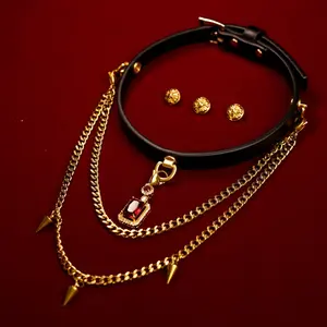 VelourBliss Knight’s Sacred Oath Choker - 18K Gold Plated Chain & Soft Leather Band with Detachable Rivets - Adjustable Unisex Necklace for Intimate Style & Secret Connection