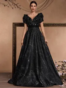 Women's Floral Sequins Woven Fitted Deep V Neck Short Sleeve Formal Evening Dress, Elegant Maxi Dress for Party & Banquet, Ladies Summer Clothes