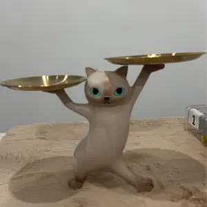 Slowtee Resin Cat Decorative Tray Figurine, Enchanting Dancing Funny Statue for Home/Bedroom/Office Entrance Table Decor, Sculpture for Candy/Snacks/Key/Gadgets Storage (Gray)