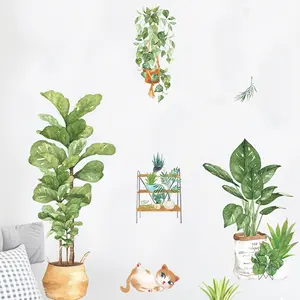 Large 35.43in Painted Plant Cat Wall Sticker, Bedroom Living Room Home Decor, Easy Peel and Stick Wallpaper Art