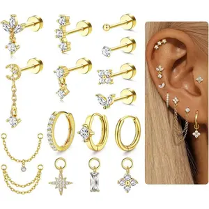 16G Cartilage Earrings Set for Women, Hypoallergenic 316L Surgical Steel Flat Back Stud & Hoop Piercing Jewelry, Daith Conch Tragus Helix Earring Stack
