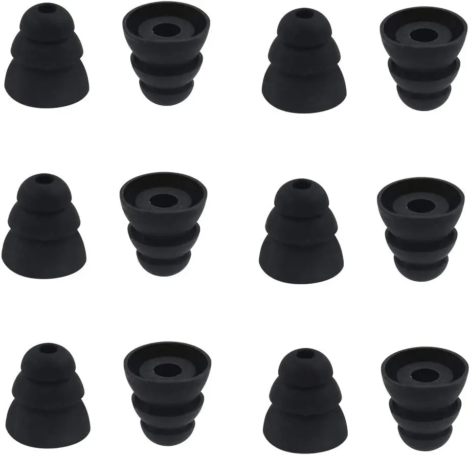 6 Pairs Replacement Triple Flange Ear Tips Earbuds Eartips  Buds for  in Ear Headphones ( Senso etc.) Black [Medium Size] (3flange Tips M)
