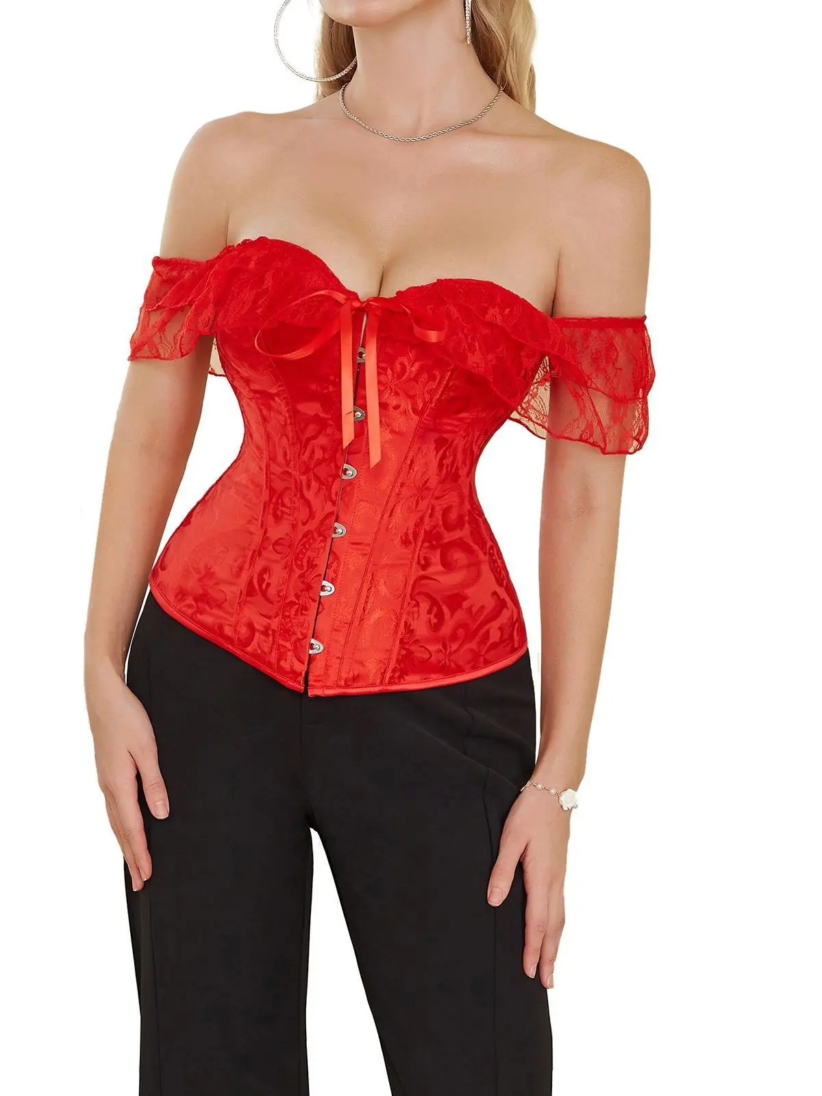Female Floral Lace Corset Top, Casual Bustier Bodice in Smooth Polyester with Waist Shaping Boning and a Bandage Lace-Up Back, Party, Push Up, Fabrics, Costumes, Soft, Women, Everyday, Sexy, Clothes, Off Shoulder, Adult, Hang Dry, Soft Polyester, Lady