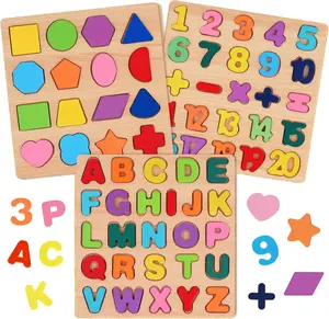 Wooden puzzle for kids, 3 piece alphabet puzzle ABC shape number puzzle, learning toys for kids, preschool learning activities kids gift toys for girls boys Christmas Valentine's Day Easter