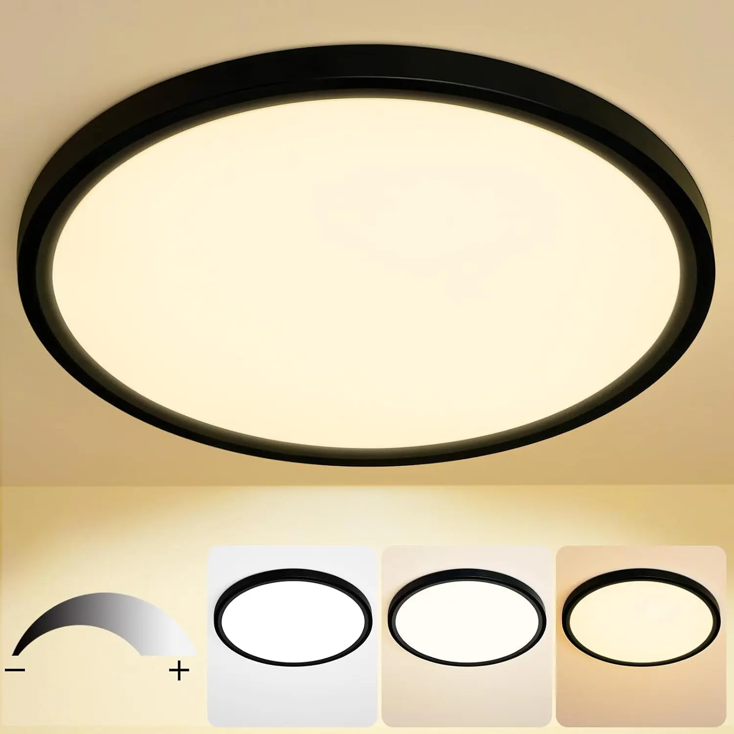 16-in Low Profile Design Ultra-Thin Plastic Indoor LED Flush Mount Ceiling Light, 28W 2800LM 95% Dimmable, 3000K/4500K/6000K Color Adjustable, High CRI Easy-Install Round Black Fixture for Bedroom, Kitchen