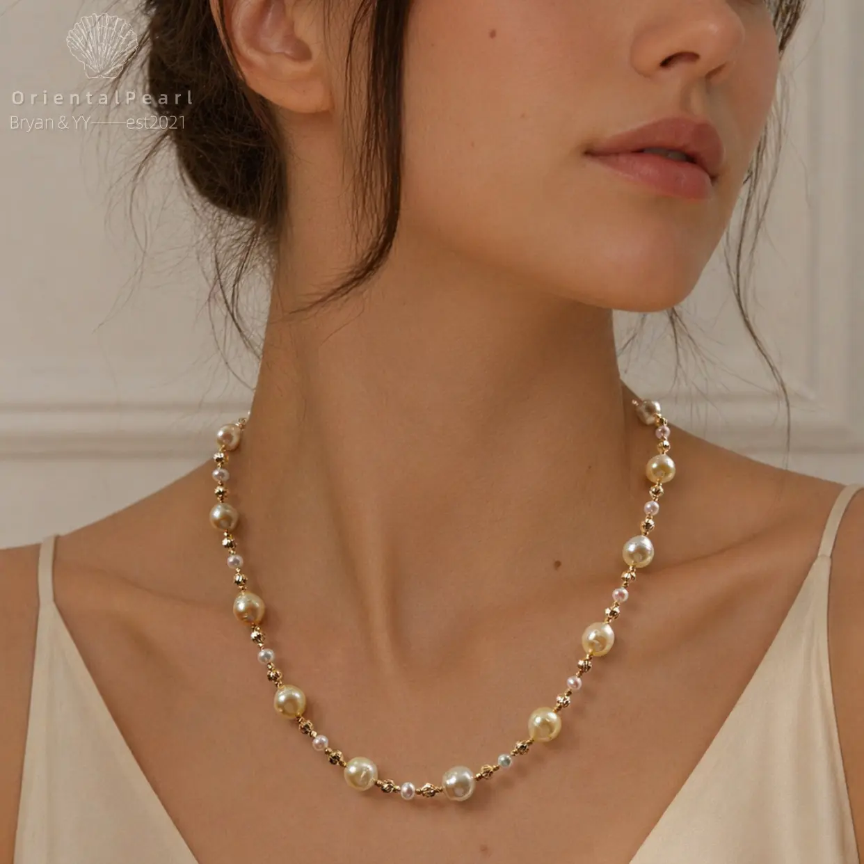 NC06-Saltwater Gold Pearl South-sea Gold Necklace with S925 Sterling Silver Adjustable Chain Seawater Golden Pearl SSG necklace for Mom Wife Luxury Jewelry Gift for Anniversary Valentine's Day