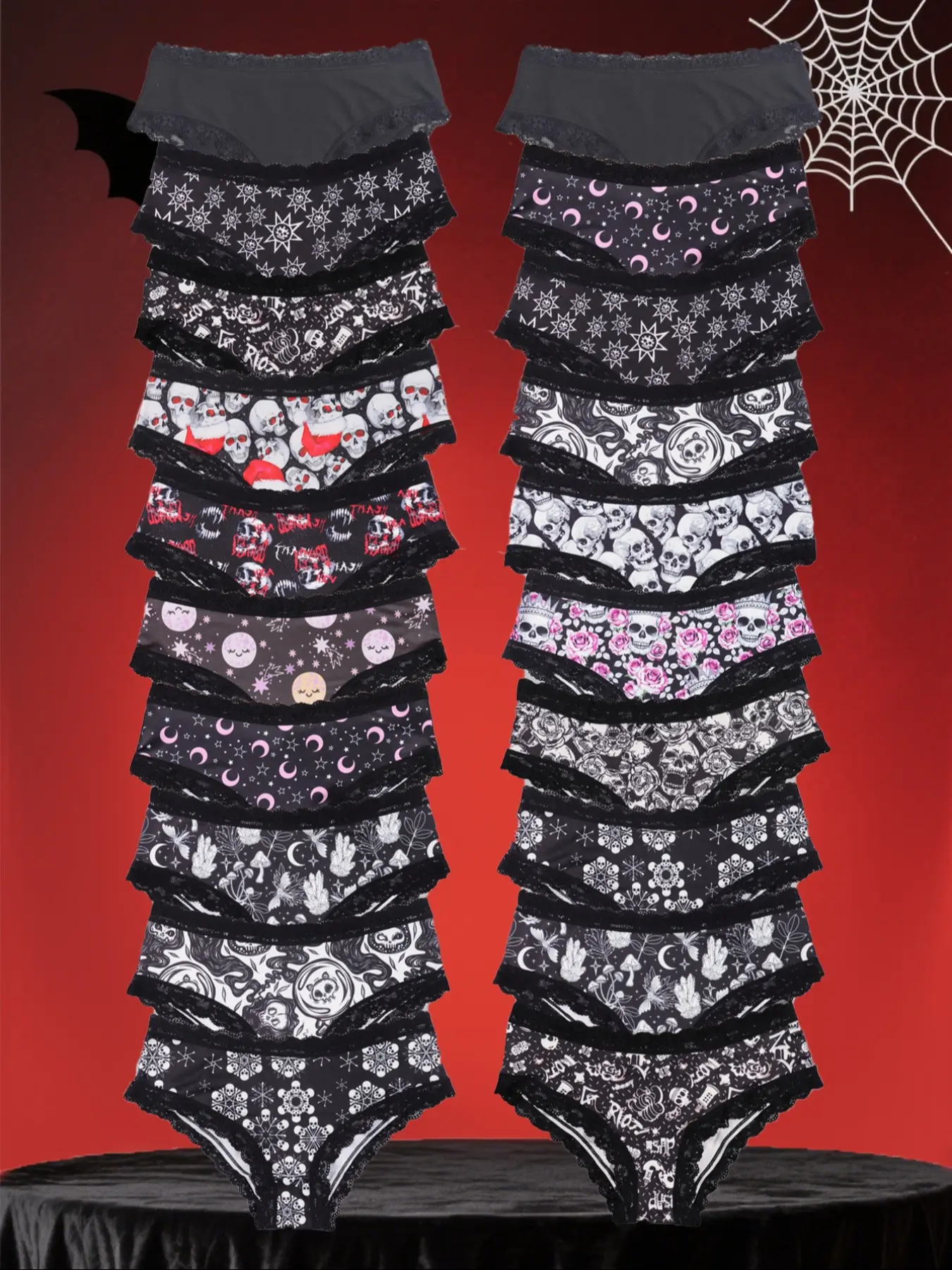 Morvia 20pcs Sexy Cute Gothic Halloween Contrast Lace Hipster Panties, Allover Print Comfy Intimates Briefs Panties, Women's Underwear & Lingerie, Trim Lace Panty, Lace Fitted Panty