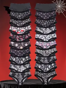 Morvia 20pcs Sexy Cute Gothic Halloween Contrast Lace Hipster Panties, Allover Print Comfy Intimates Briefs Panties, Women's Underwear & Lingerie, Trim Lace Panty