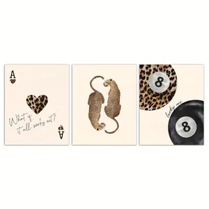 Set of 3 Vintage Poster Prints, Neutral Leopard Cheetah Pattern 8 Ball Lucky Fashion Wall Art, Gallery College Style Chic Luxury Home Decor, Modern Minimalist Beige Vintage Abstract Art Decoration, Frameless