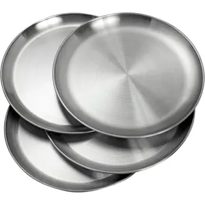 Stainless Steel Plates 10 inch Metal Lightweight Steel Plate Unbreakable Dinner Dishes Plates Set Non-Toxin Dishwasher Safe  and  (4 Pcs)