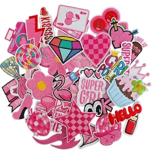 45pcs AXEN Pink Iron-On Patches - Cute Star, Flower, Crown & Heart Applique Embroidery for Backpacks, Clothes, Hats, Bags - Durable Fabric DIY Craft Supplies, Creative Clothing Design, Playful Patch Designs, Highquality Fabric