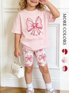 2Pcs Girls Cartoon Graphic Outfit Cute Sets Short Sleeve Bow Printing T-Shirt Top and Elastic Biker Shorts Set Kids Sport Clothes Summer Casual Set Summer Outfits Set