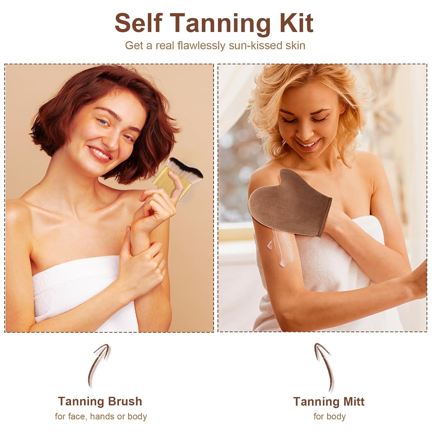2 in 1 Streak-Free Natural Tanning Mitt, Leakproof-lined Self Tanner Mitt, Reusable Self Tanning Mitt and Brush, Self Tanner Brush for Self Tan Mit for Apply Tanning Lotion, Mousse, Sunscreen