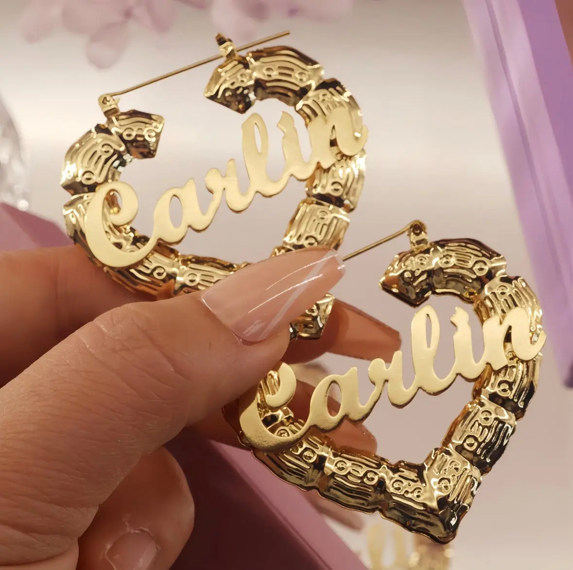 Custom Name Bamboo Heart Hoops