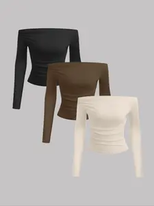Women's Fall Winter 3-Piece Plain Solid One-Shoulder Long Sleeve T-Shirt Set, Fashion Simple Slim Fit High-End Casual Top Fitted Womenswear