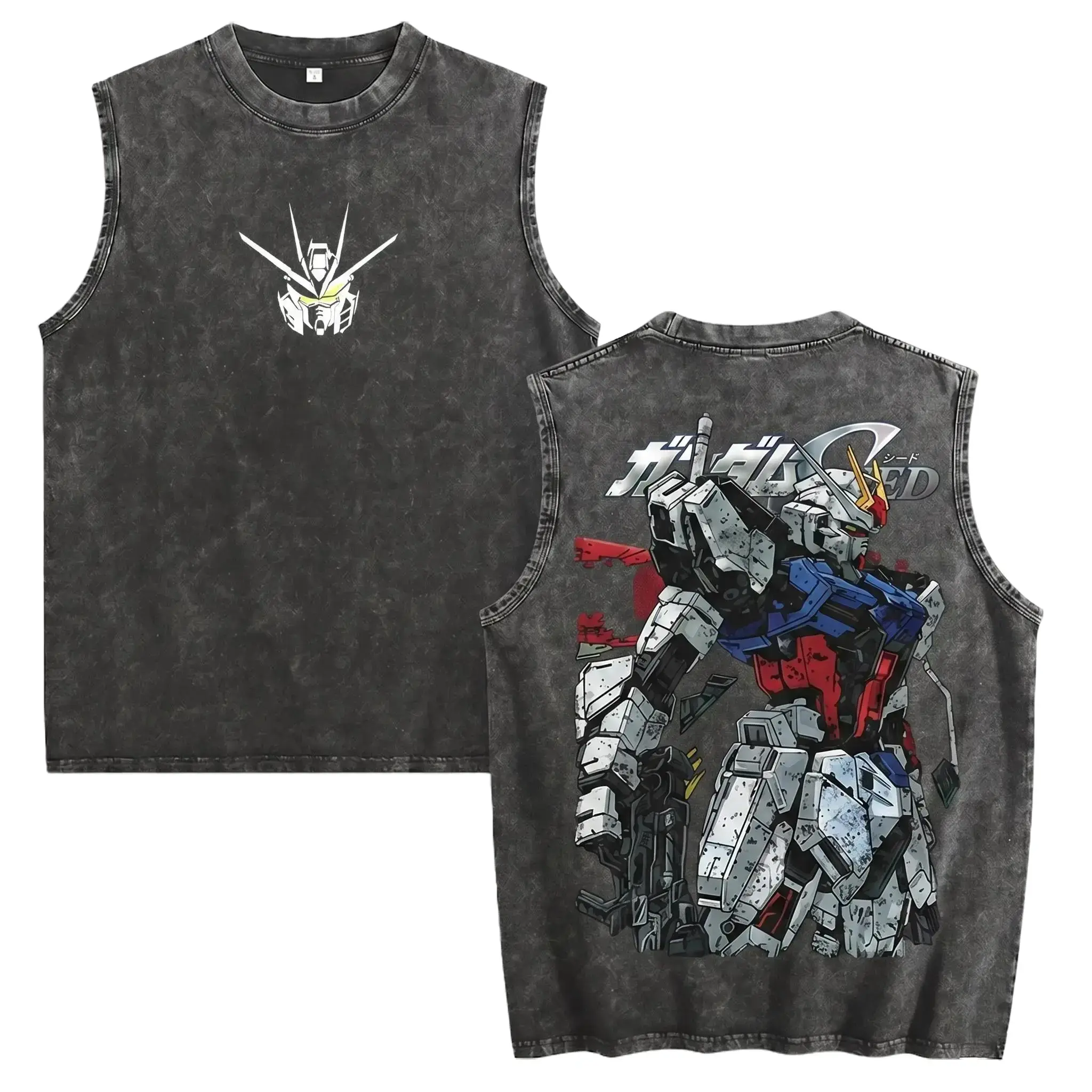 Vintage Gundam Seed Graphic Tank Top | Heavy Acid Wash Distressed Streetwear | 2026 Retro Mecha-Core Sleeveless Tee | Strike Gundam Anime Merch | 100% Cotton Premium Washed Vest everyday shirt outdoorfun short-sleeved t-shirt men