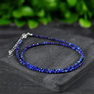Natural Genuine Lapis Lazuli 2mm Faceted Tiny Beads Choker - Minimalist Dainty Healing Crystal Necklace, Ideal Gift for Crystal Enthusiasts