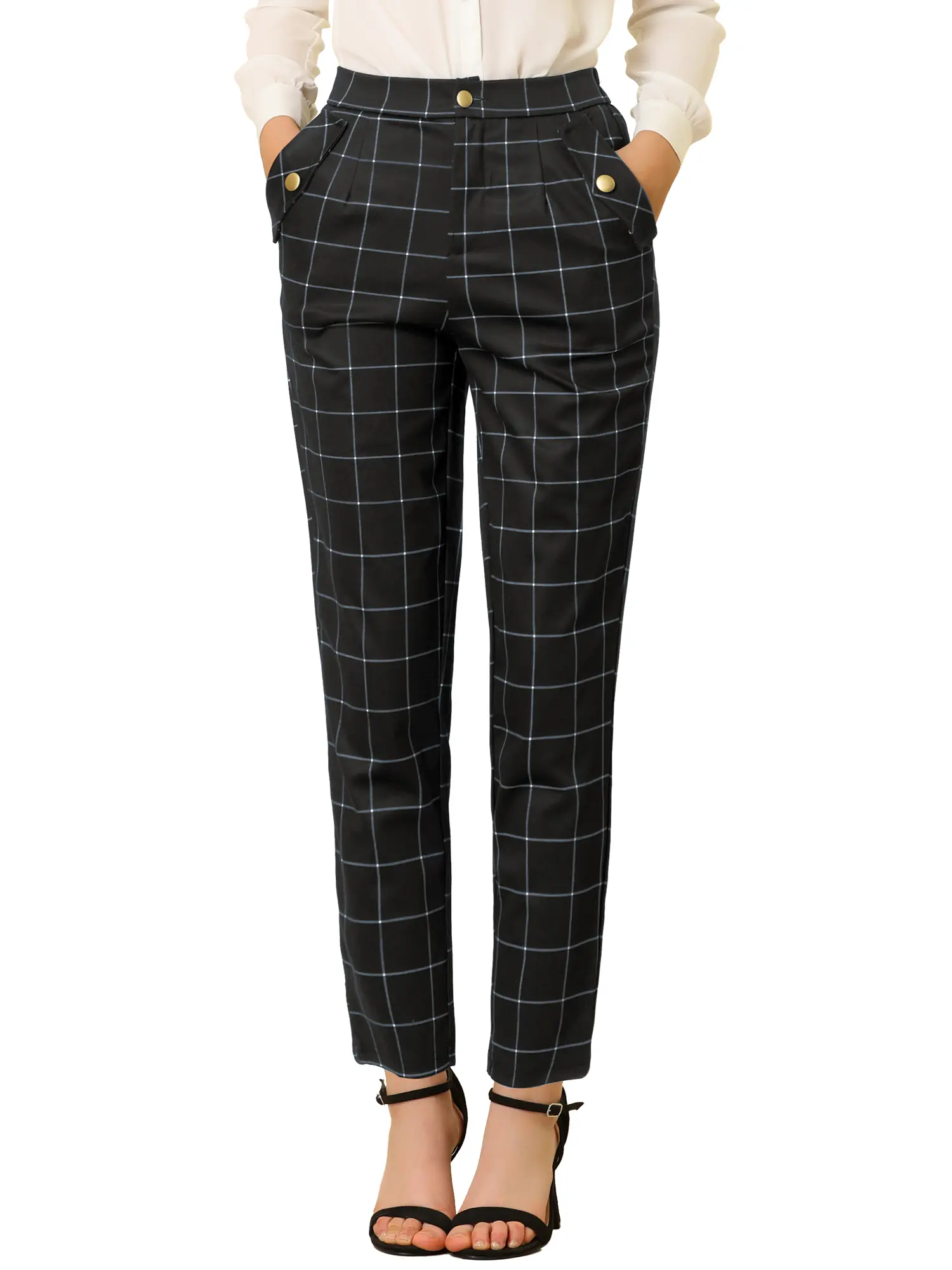 INSPIRE CHIC Women's Vintage Tartan Plaid Pants Elastic Waist Straight Long Trousers