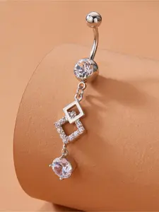 Rhinestone Decorated Rhombus Shaped Hollow Out Belly Ring, Navel Piercing Jewelry, Casual Jewelry For Party, Daily Clothing Decor For Girl, Fashion Body Jewelry Accessory