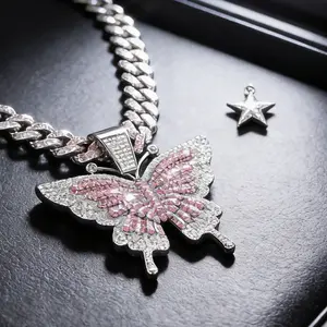 Unisex Pink & White CZ Butterfly Cuban Link Necklace| Fully Paved Hip-Hop Bling Chain| European-American Fashion Jewelry