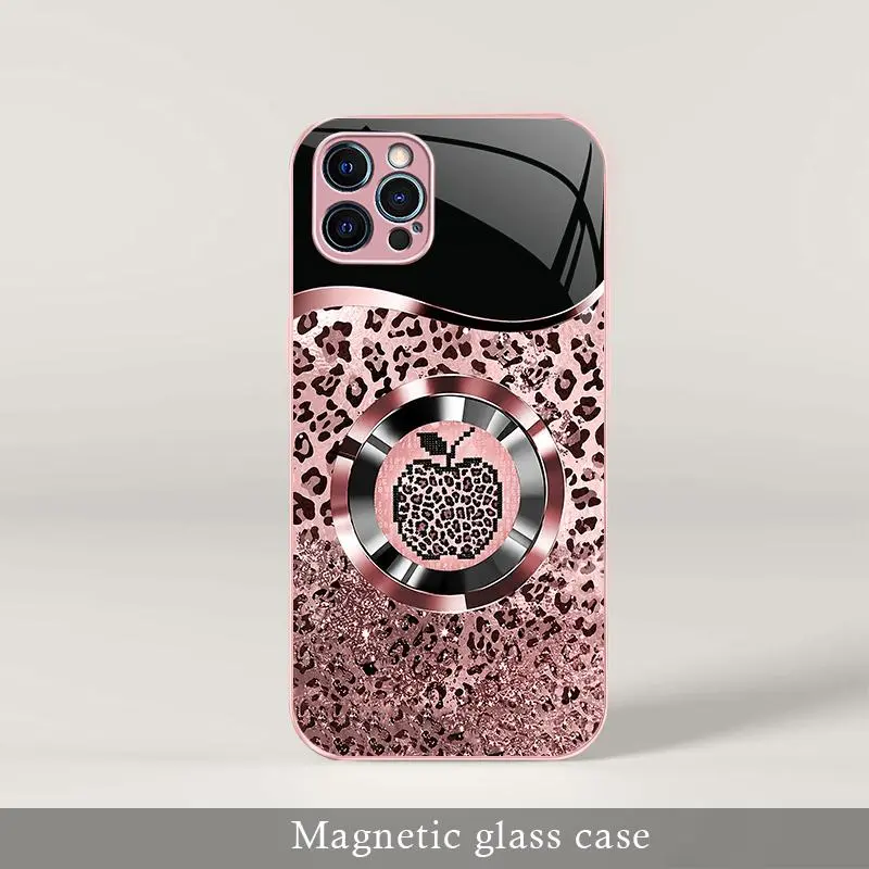 Trending “Affordable Luxury” pink glitter MagSafe glass case for iPhone 12 Pro featuring mermaid scales and leopard print — 9435