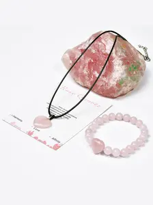 Natural Crystal Necklace & Bracelet Set, Rose Quartz Necklace & Bracelet, Stress Relief and Balance Jewelry Gift for Women