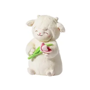 Super Soft Doll Sweet White Sheep Lam Hold  Flower Plush Doll Soft Stuffed Lamb