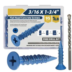 95 count 3/16 x /4 in Concrete Screws with Drill bits,Masonry Screws for Concrete Assortment Kit,Flat  Block Cement Stacoo Screws and Anchors, Point,Blue Coated(1LB)