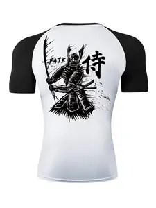 Samurai Print Short Sleeve Compression Shirt for Men, Gym Workout Running Sporty Tees, Summer Quick-Dry Breathable Round Neck T-Shirt Tops, Rash Guard Undershirt Baselayers Activewear Sportswear