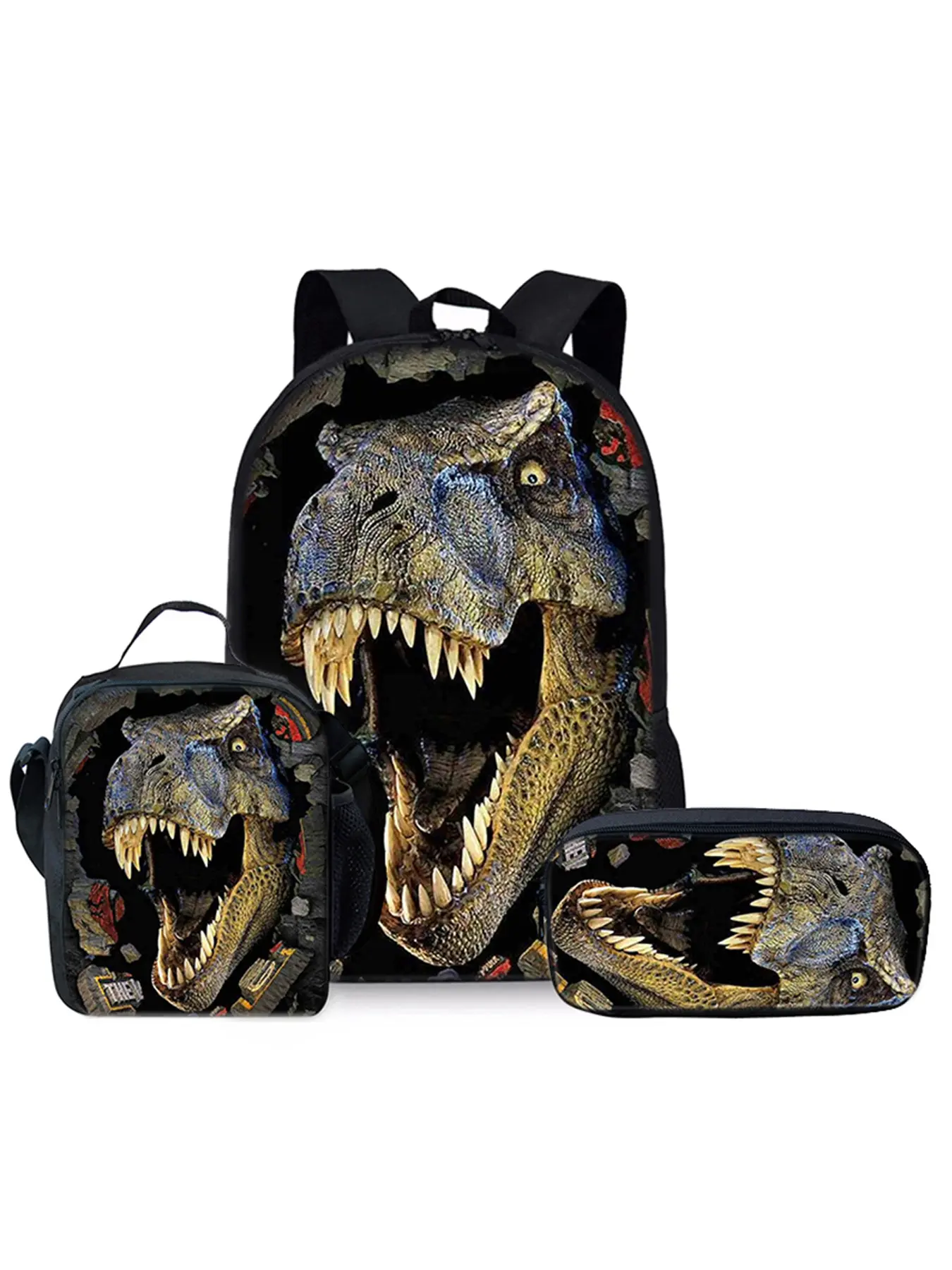 Tyrannosaurus Rex pattern printed 17-inch Dual Sided Dinosaur Backpack for school three-piece set (single-layer backpack + shoulder strap lunch bag + single-layer pencil bag)