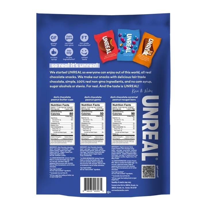 UNREAL Dark Chocolate Variety Pack 15.4 oz - 3 Real-Ingredient Snacks Peanut Butter Cups Gems & Caramel Nougat Bars - Up to 40% Less Sugar - Individually Wrapped for Sharing Dessert