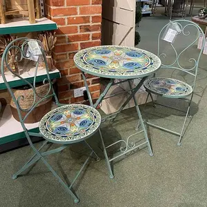 Folding Metal Teal Mosaic Bistro Table and 2 Chairs Set