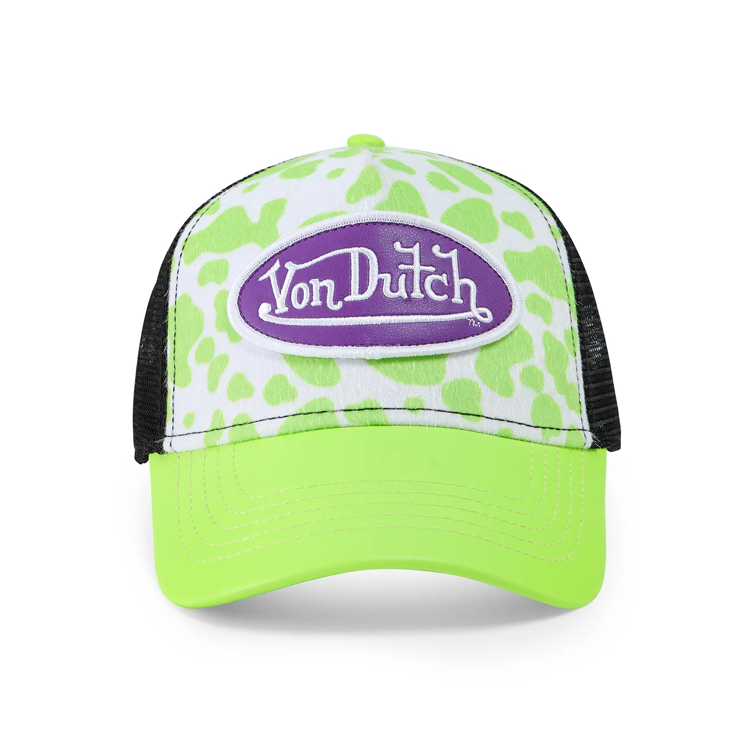 Vegan Pony Hair Trucker Hat -Lime Green Cow Print