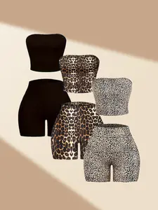 6-piece classic leopard print solid color casual Fitted strapless top and shorts set Womenswear