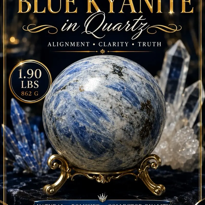 Lela’s GemStoneZ Natural Blue Kyanite in Quartz Sphere 1.90 lbs Collector Quality Polished Crystal Sphere for Mineral Collectors and Luxury Crystal Collections