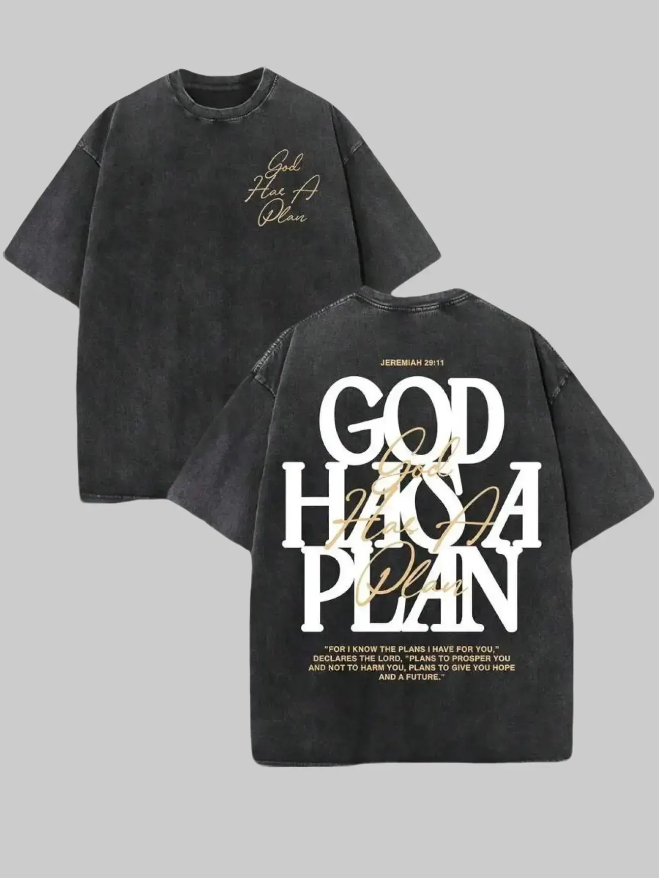 Men's Christian "God Has A Plan" Pure Cotton 230GSM Artwork Tee - Oversized Fit, Vintage Washed, Distressed Look, Double Side Print, Back Print, Short Sleeve Round Neck Streetwear Top, Cold Wash, Available in a Wide Spectrum Including 2XL, 3XL
