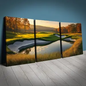 Modern Golf Course Canvas Wall Art Set, 3 Pieces, Autumn Scenery, Sunlit Course & Reflective Water, Home Office Decor, Wood Frame