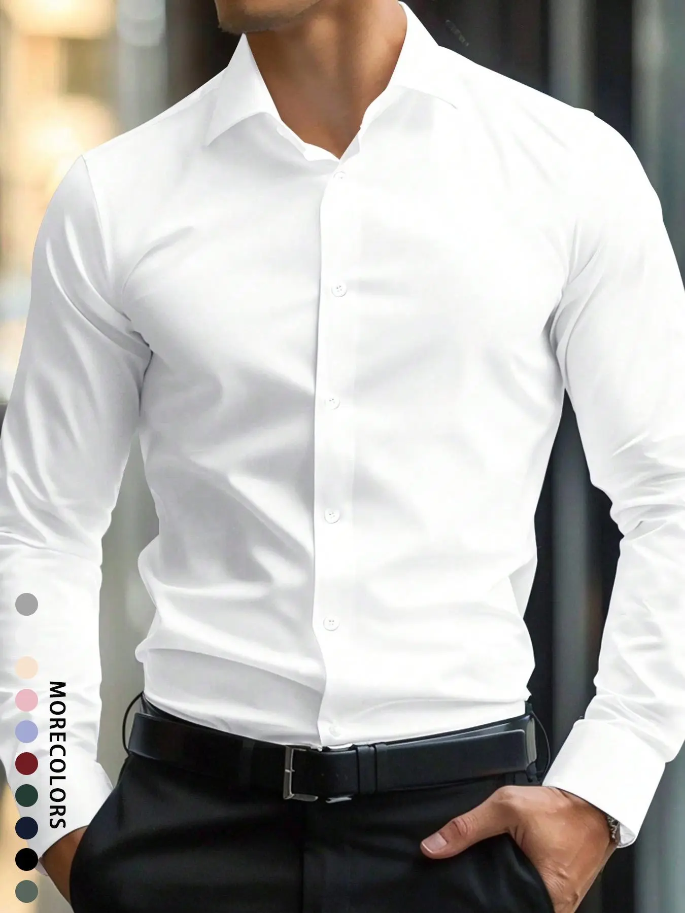 Men's Solid Long Sleeve Button Front Shirt, Regular Fit Casual Business Formal Classic Comfy Dress Shirt for Office Daily Wear, Men's Top for All Seasons, Business Formal Shirts