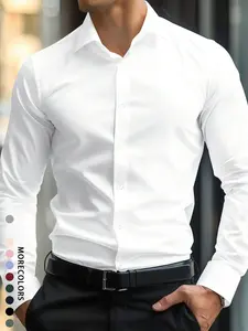 Men's Solid Long Sleeve Button Front Shirt, Regular Fit Casual Formal Business Classic Comfy Dress Shirt for Office Daily Wear, Men's Top for All Seasons