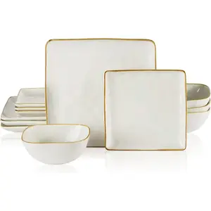 Dinnerware Sets for 4,  Square 12- Kitchen Plates and Bowls Sets, Microwave and Dishwasher Safe, Scratch Resistant, Vanilla White