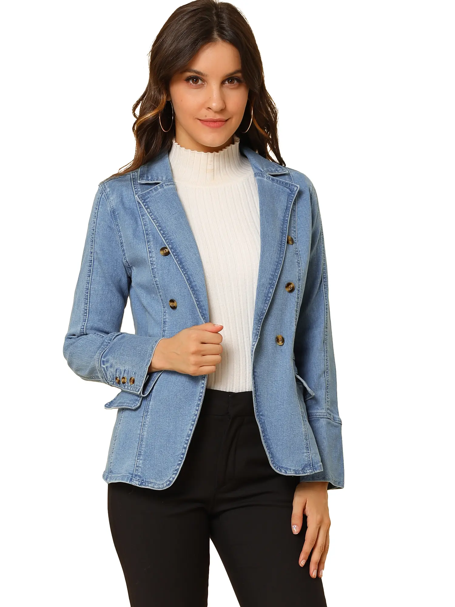 INSPIRE CHIC Jean Jacket Lapel Long Sleeve Work Denim Blazer with Pockets