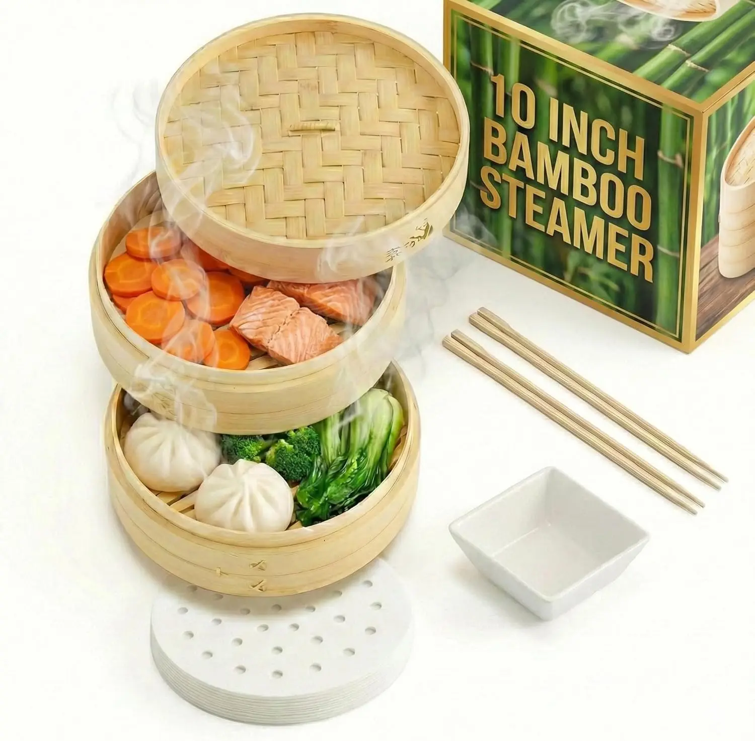 Direct Bamboo Steamer Basket 10-Inch | 2-Tier Steamer for Cooking | 50 Liners, Chopsticks, Sauce Dish | Steaming Asian Food, Bao Buns, Chinese, Dim Sum, Dumpling, Rice, Vegetable Steam Pot