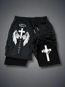 Men's Street Style Cool Two-Piece Gym Shorts, Stretch Shorts, Cross Angel Wings Crown Yeshua Print, Casual Daily Wear, Dark Fashion Match