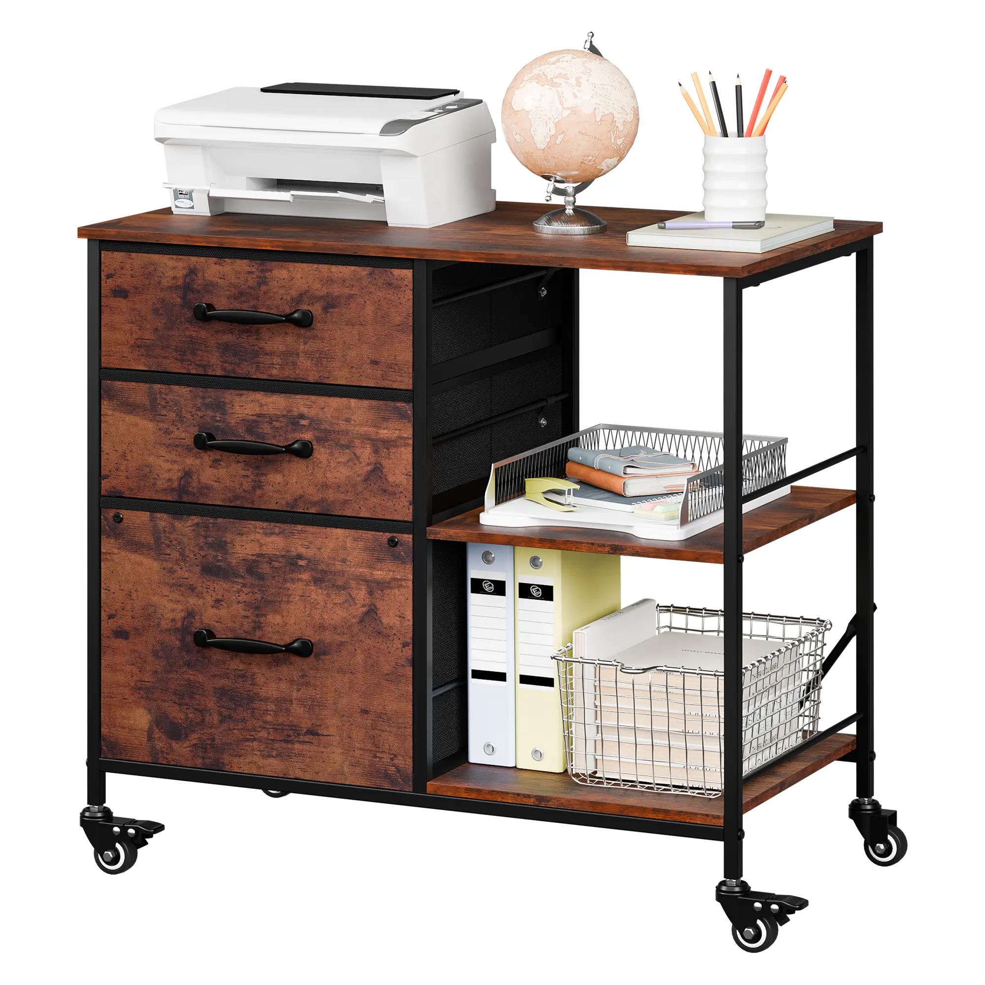 Segawe 3-Drawer Mobile Steel Frame File Cabinet - Rolling Casters, Open Storage Shelf, Printer Stand, Drawer Platform, Easy Setup Organizer Storage for Home Office, Sliding Desktop Drawers, Storage Drawer Platform,summerwins