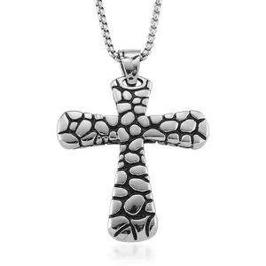 Pebble Surface Cross Pendant Necklace in Stainless Steel 23.5 Inches