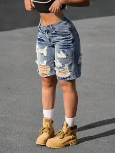 Women's Distressed Baggy Jorts - Mid Waist Loose-Fit Denim Shorts with Pockets, Stylish Streetwear Women's Clothing for Everyday Casual Use